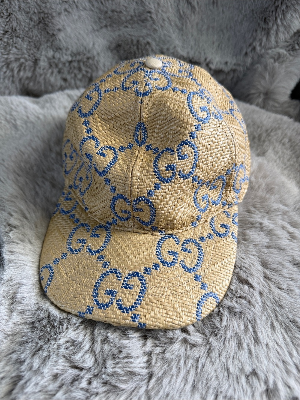 Gucci Natural Straw Cap with Blue GG Pattern